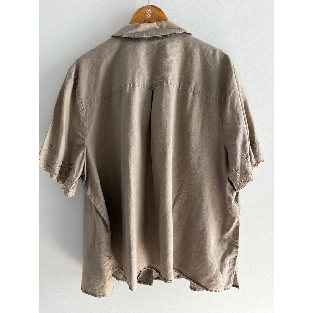 Liz & Me Women 2X Linen Cotton Blend Embroidered Button Down Shirt Taupe Khaki - Picture 2 of 11